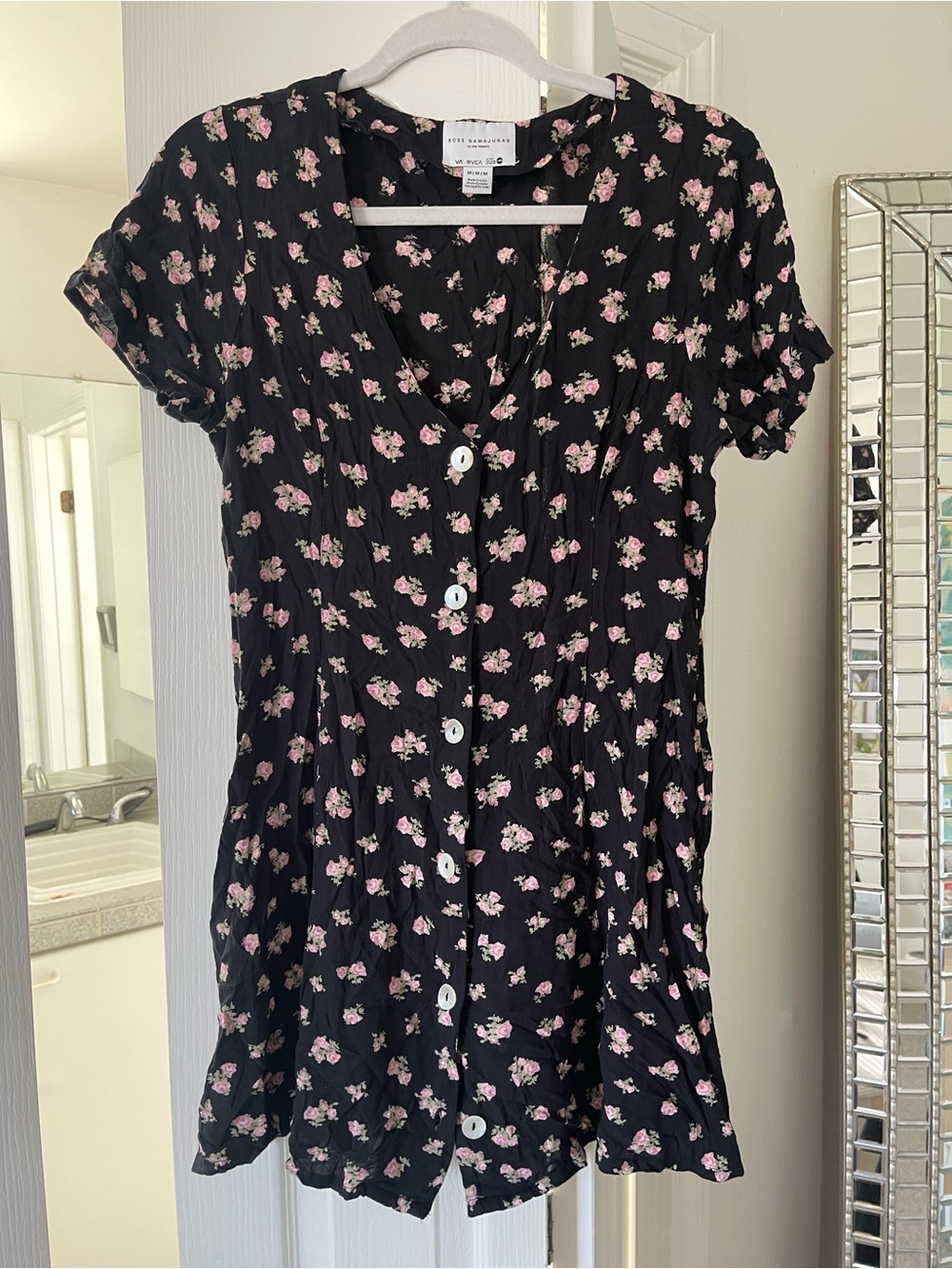 Floral Button-Front Short Sleeve Dress - Black with Pink Floral